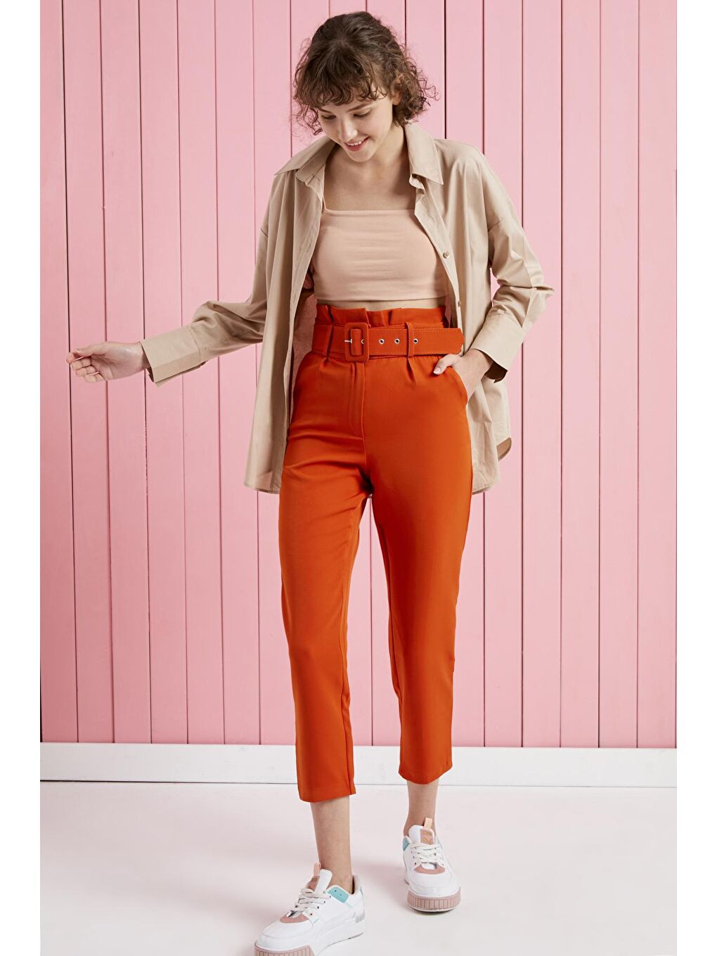 Kahverengi Taba Kemerli Yüksek Bel Kumaş Pantolon-2