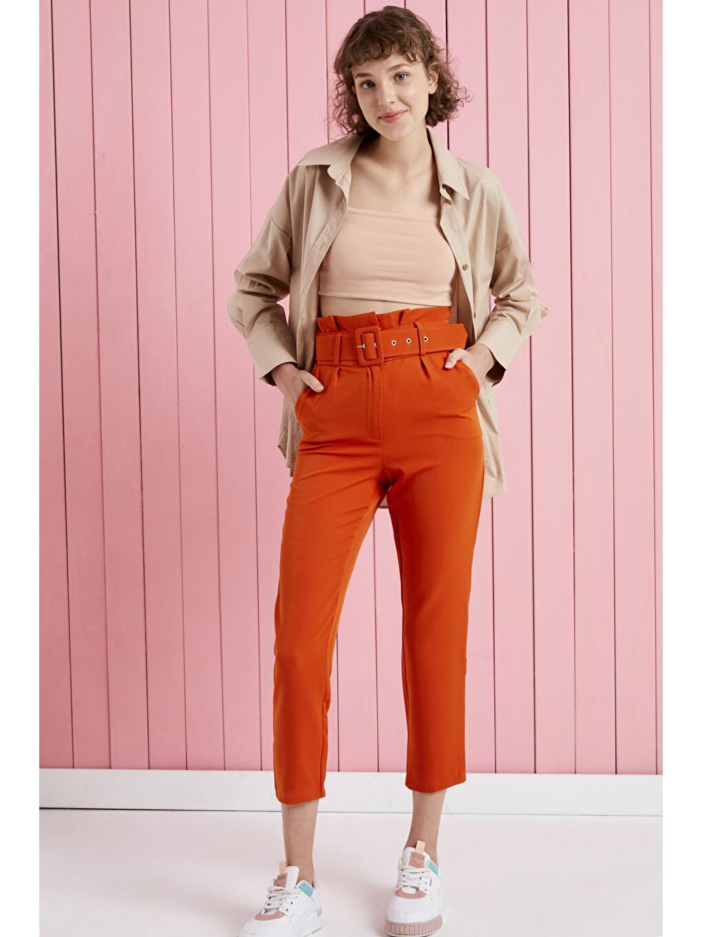 Kahverengi Taba Kemerli Yüksek Bel Kumaş Pantolon-3