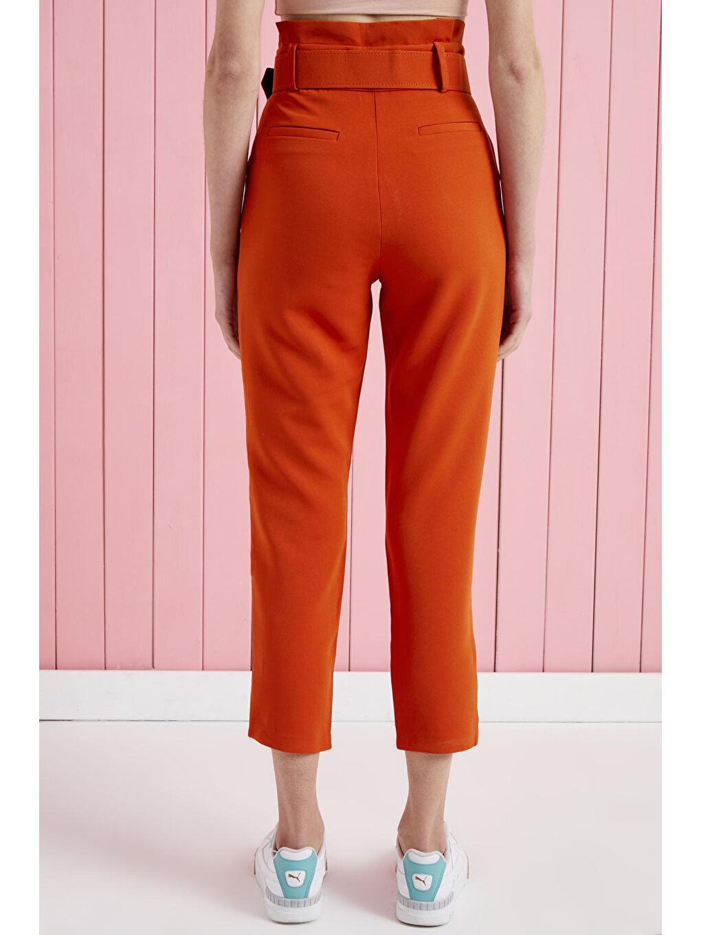 Kahverengi Taba Kemerli Yüksek Bel Kumaş Pantolon-4