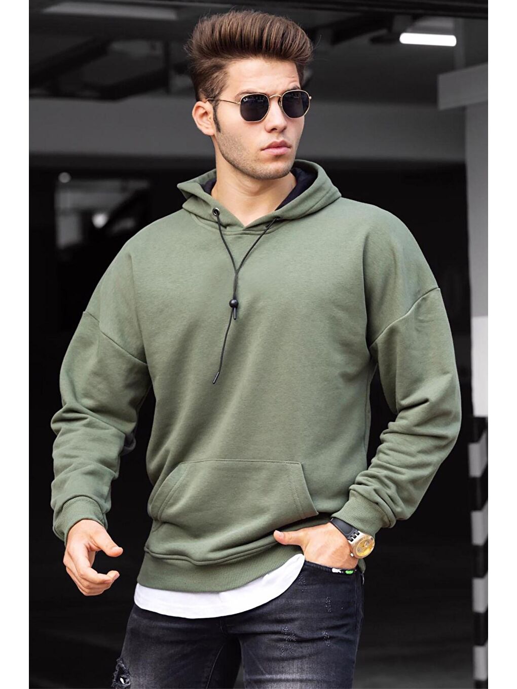 Basic Haki Erkek Kapüşonlu Sweatshirt 4764