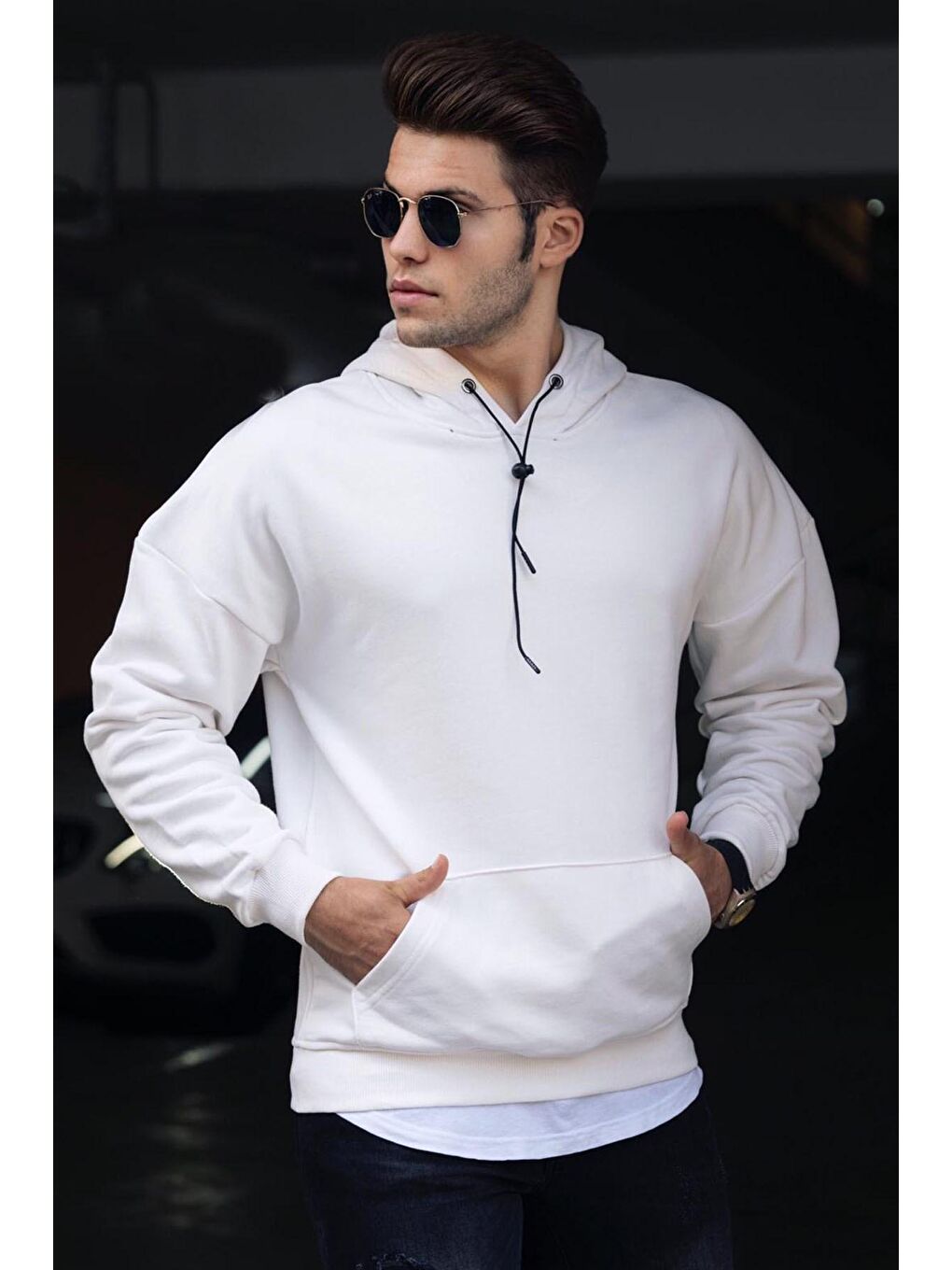 Madmext Beyaz Basic Beyaz Erkek Kapüşonlu Sweatshirt 4764