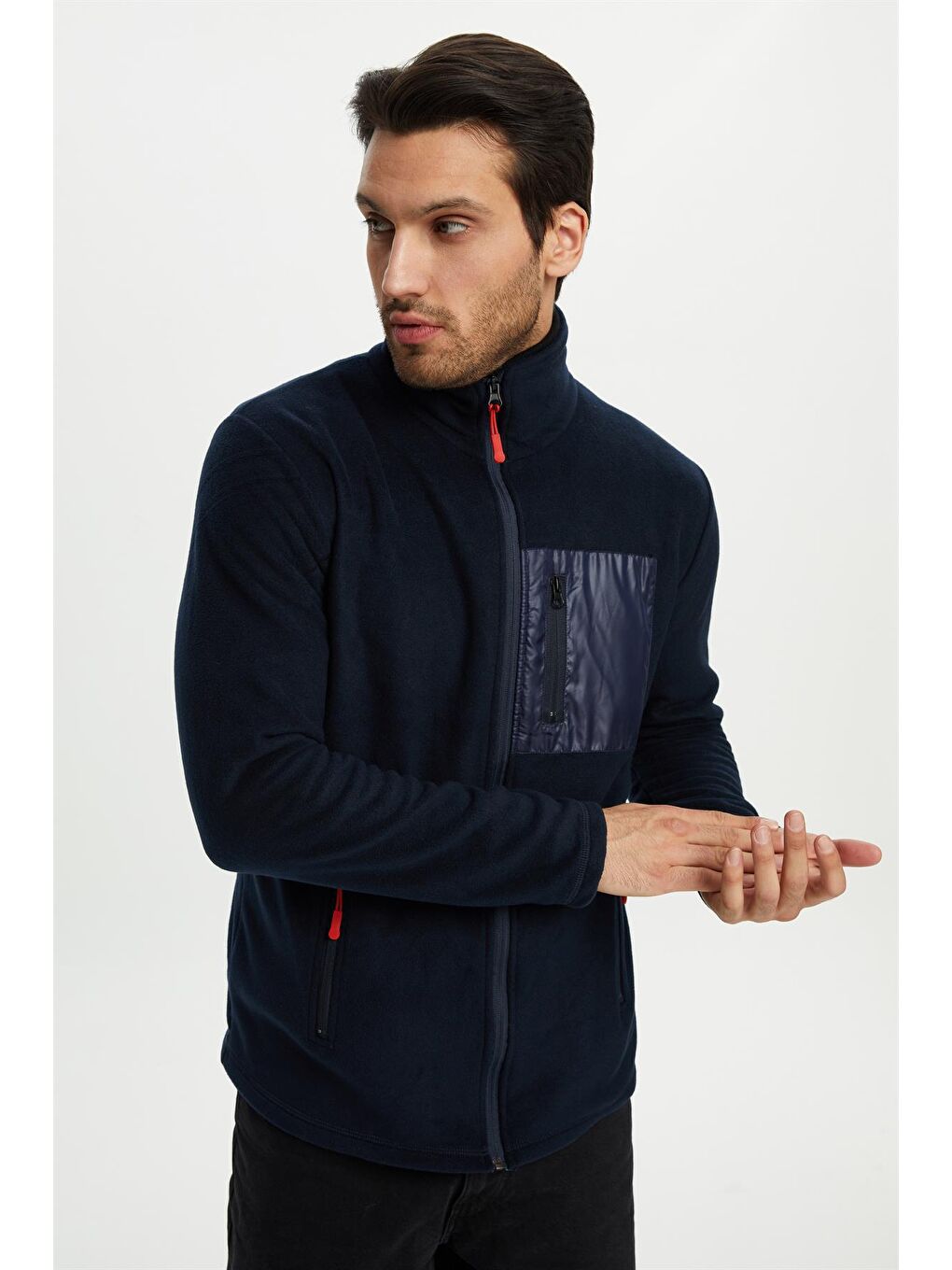 Lacivert Erkek Polar Göğüs Cep Detaylı Kışlık  Fermuarlı Sweatshirt PO-002-4