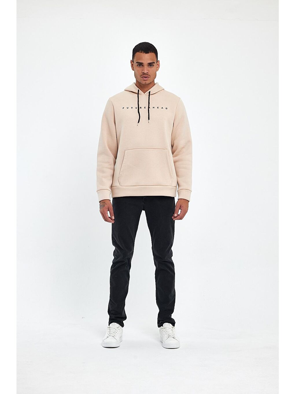 Bej Erkek Kapüşonlu Regular Fit İçi Polarlı 3 iplik Feture Baskılı  spr24sw14