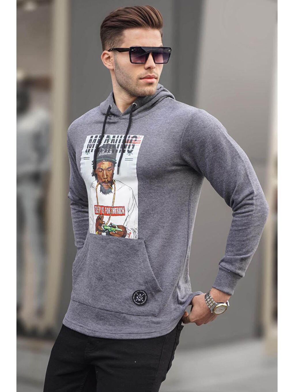 Madmext Gri Baskılı kapüşonlu Sweatshirt 2780