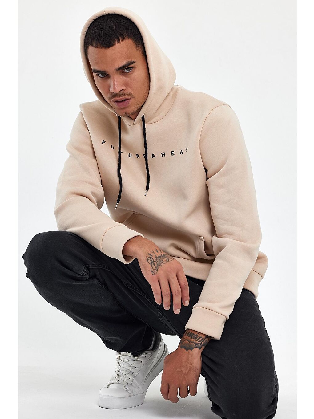 Bej Erkek Kapüşonlu Regular Fit İçi Polarlı 3 iplik Feture Baskılı  spr24sw14-3