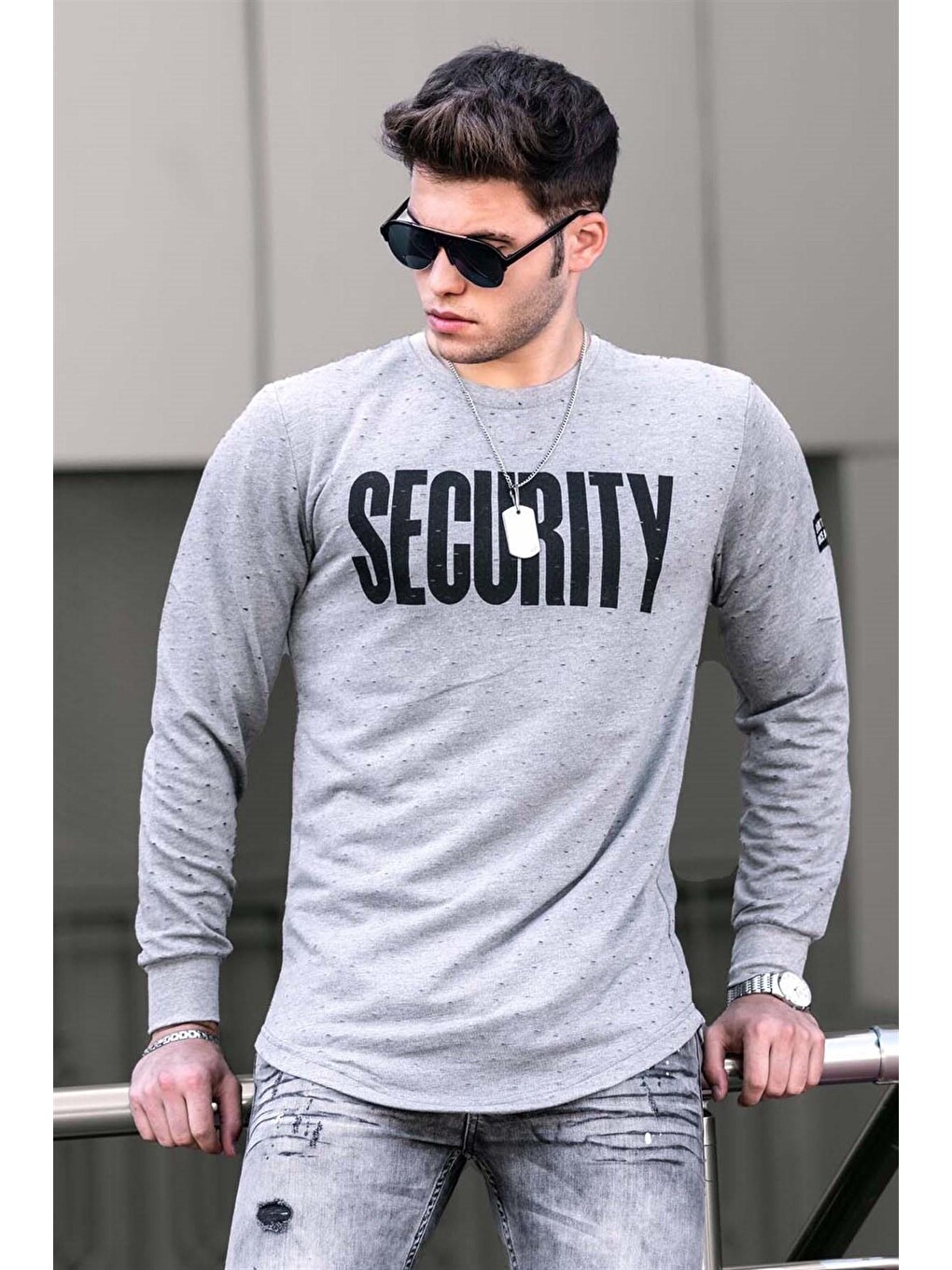 Gri Yırtık Detaylı Baskılı Sweatshirt 4126