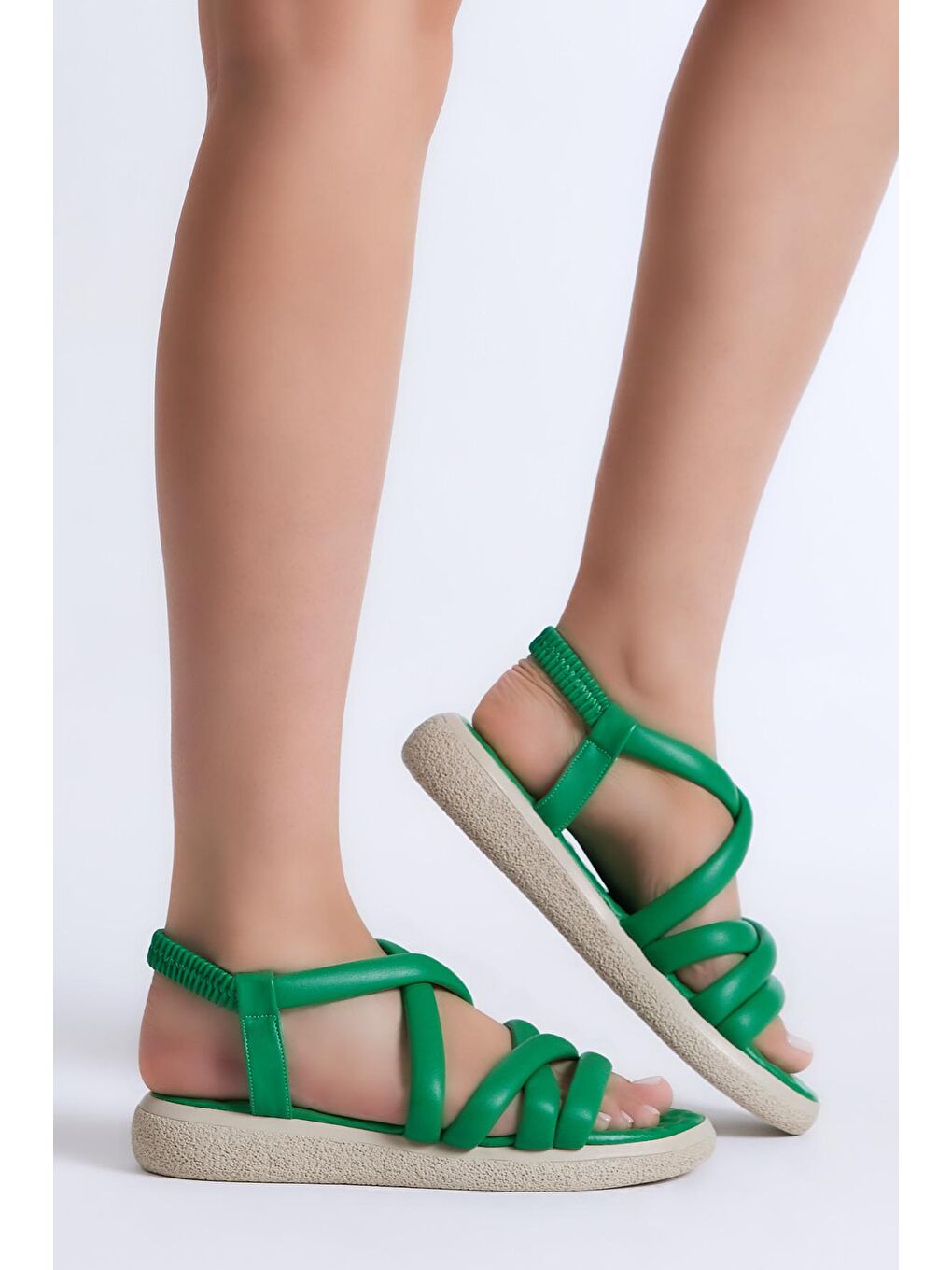 Kadın Yeşil Cilt İnce Bantlı Arkası Lastikli Sandalet-2