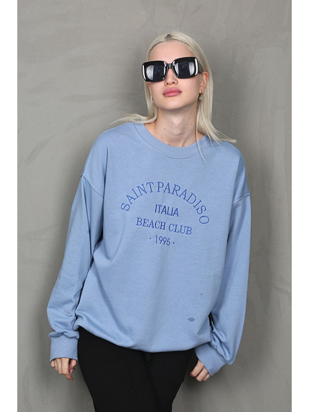 Madmext Mavi Bisiklet Yaka Baskılı Sweatshirt MG1924