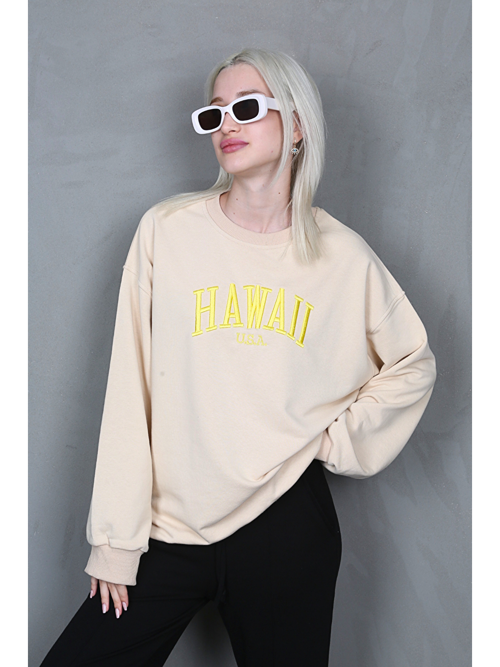 Madmext Bej Bisiklet Yaka Baskılı Sweatshirt MG1922