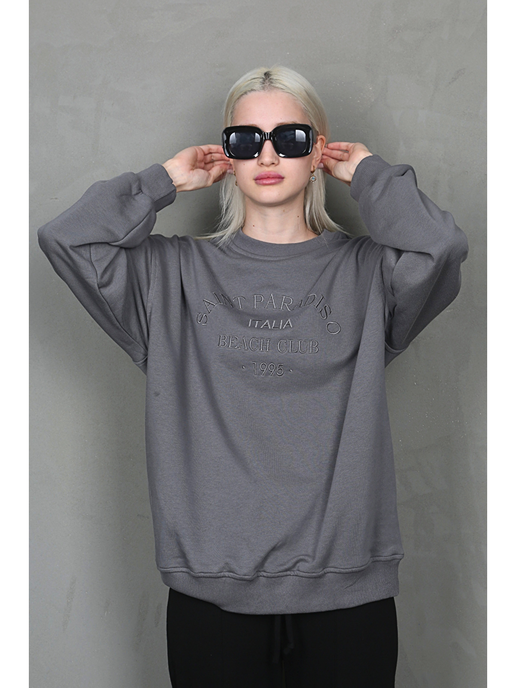 Madmext Füme Bisiklet Yaka Baskılı Sweatshirt MG1924 - 1