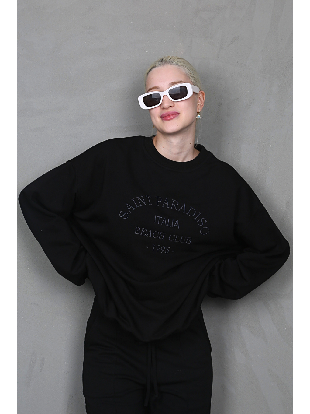 Madmext Siyah Bisiklet Yaka Baskılı Sweatshirt MG1924 - 2