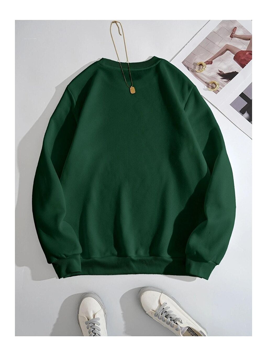 Trendseninle Kadın Yeşil Çizgili Kalp Baskılı Oversize Sweatshirt - 1