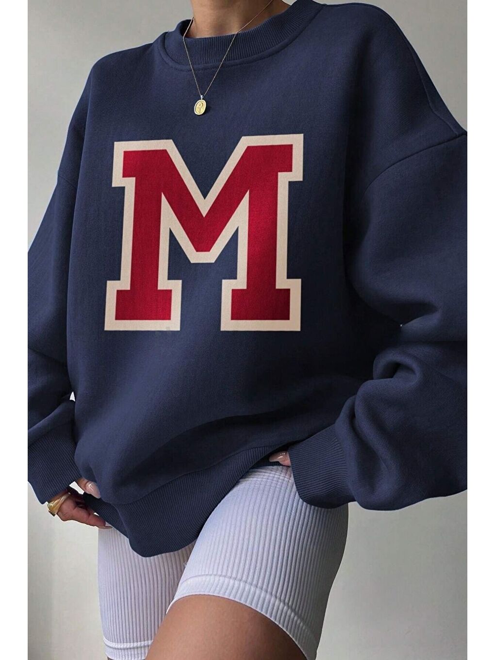 Lacivert Kadın Navy Blue M Logo Baskılı Oversize Bisiklet Yaka Sweatshirt