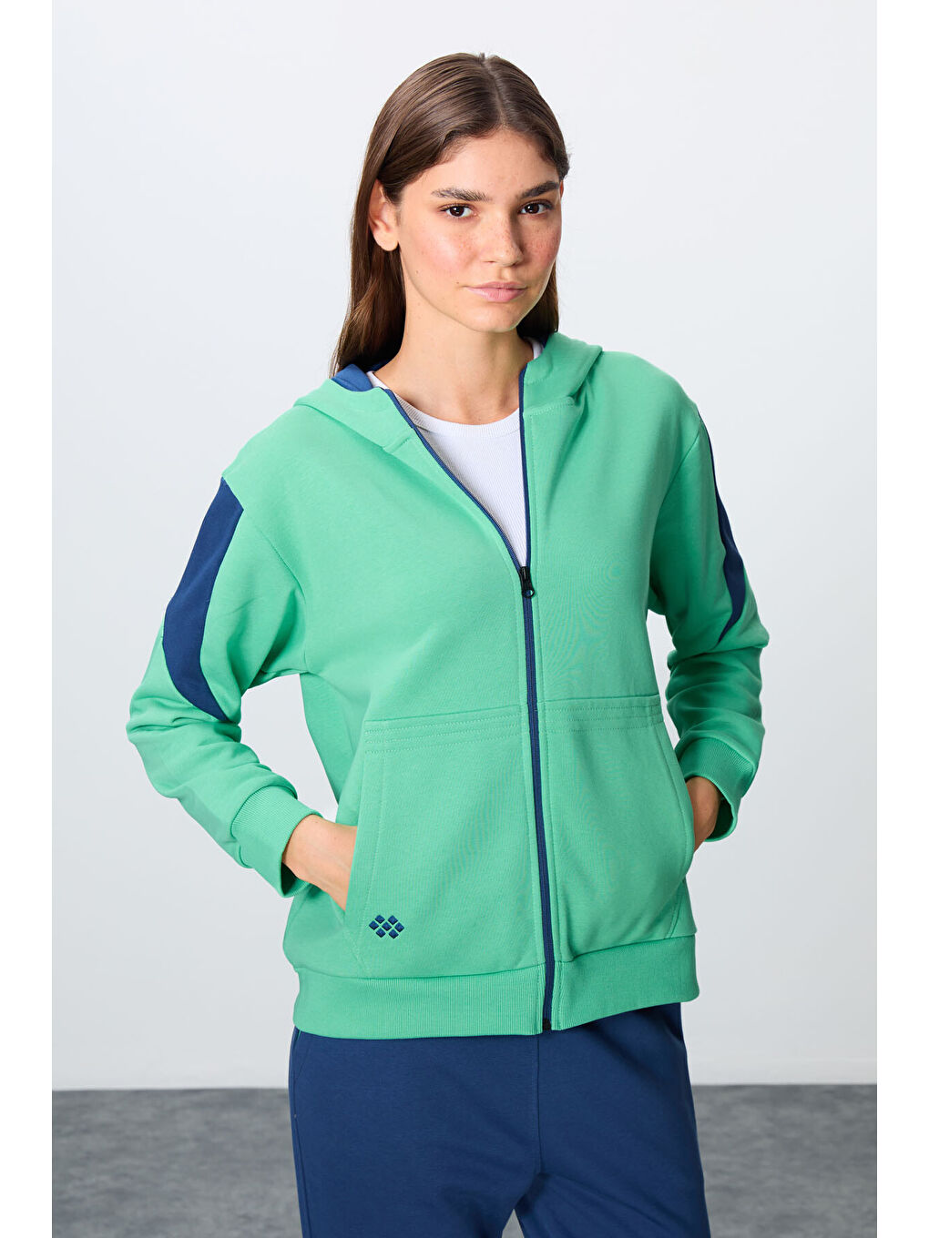 Su Yeşili Parlament Kompakt Pamuklu Kalın Pürüzsüz Dokulu Kapüşonlu Oversize Fit Kadın Eşofman Takım-1