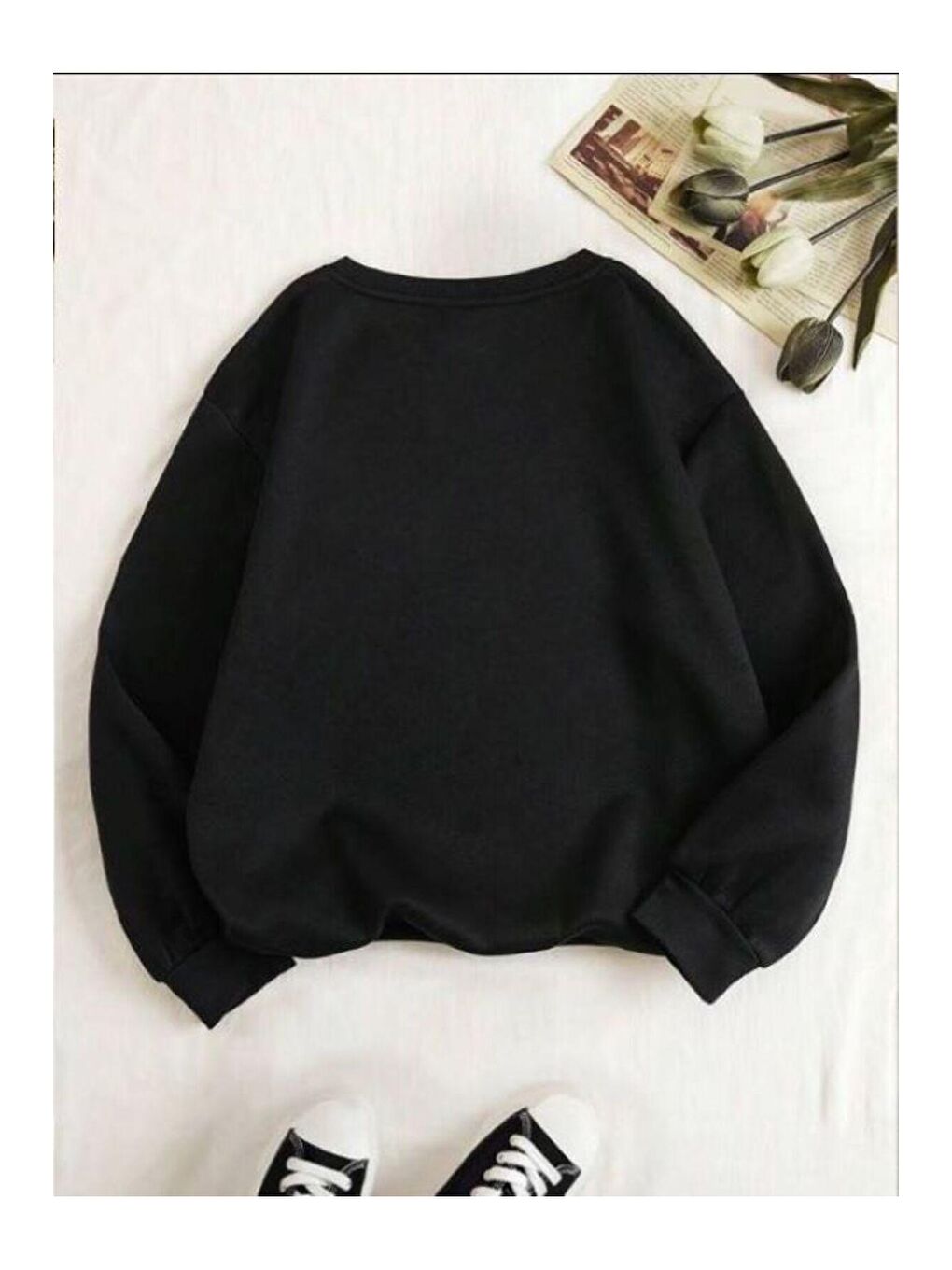 Kadın Siyah Düz Bisiklet Yaka Sweatshirt-1