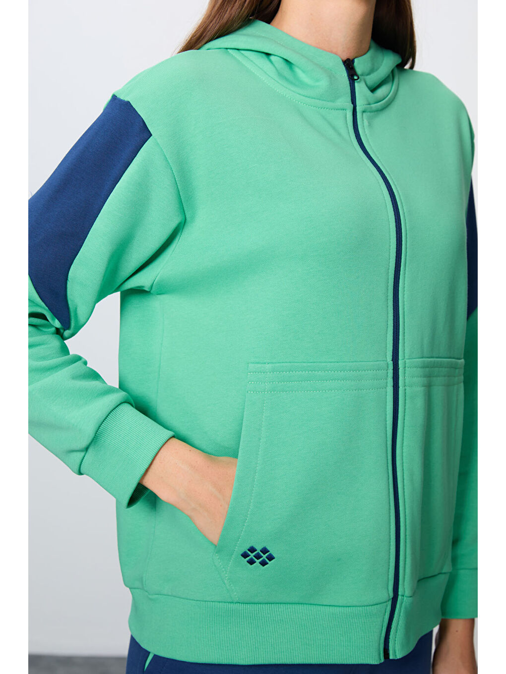 Su Yeşili Parlament Kompakt Pamuklu Kalın Pürüzsüz Dokulu Kapüşonlu Oversize Fit Kadın Eşofman Takım-3