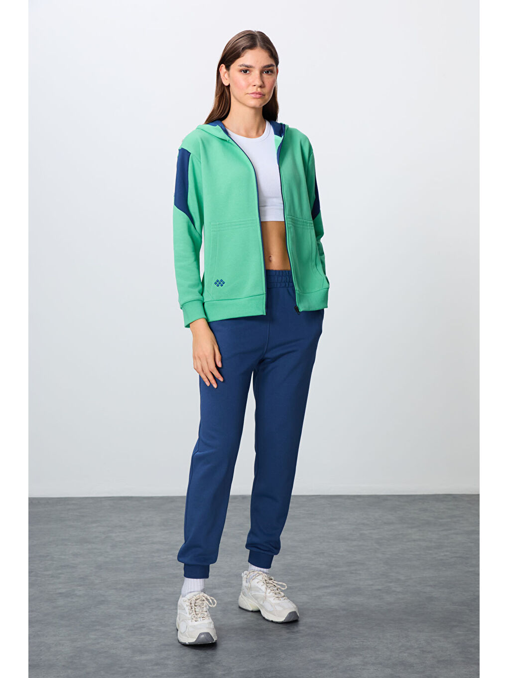 Su Yeşili Parlament Kompakt Pamuklu Kalın Pürüzsüz Dokulu Kapüşonlu Oversize Fit Kadın Eşofman Takım-4