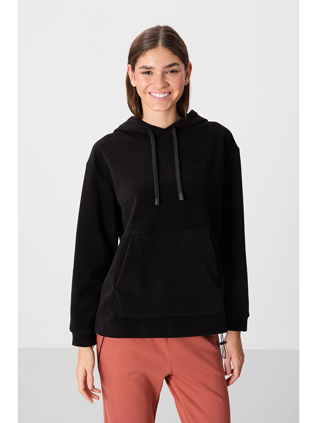 Siyah Kalın Yumuşak Dokulu Hoodie Oversize Nakışlı Polar Kadın 97292-3