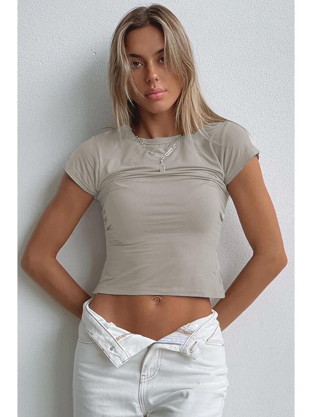 Boyalı Basic Gri Kadın Tişört Mg2012