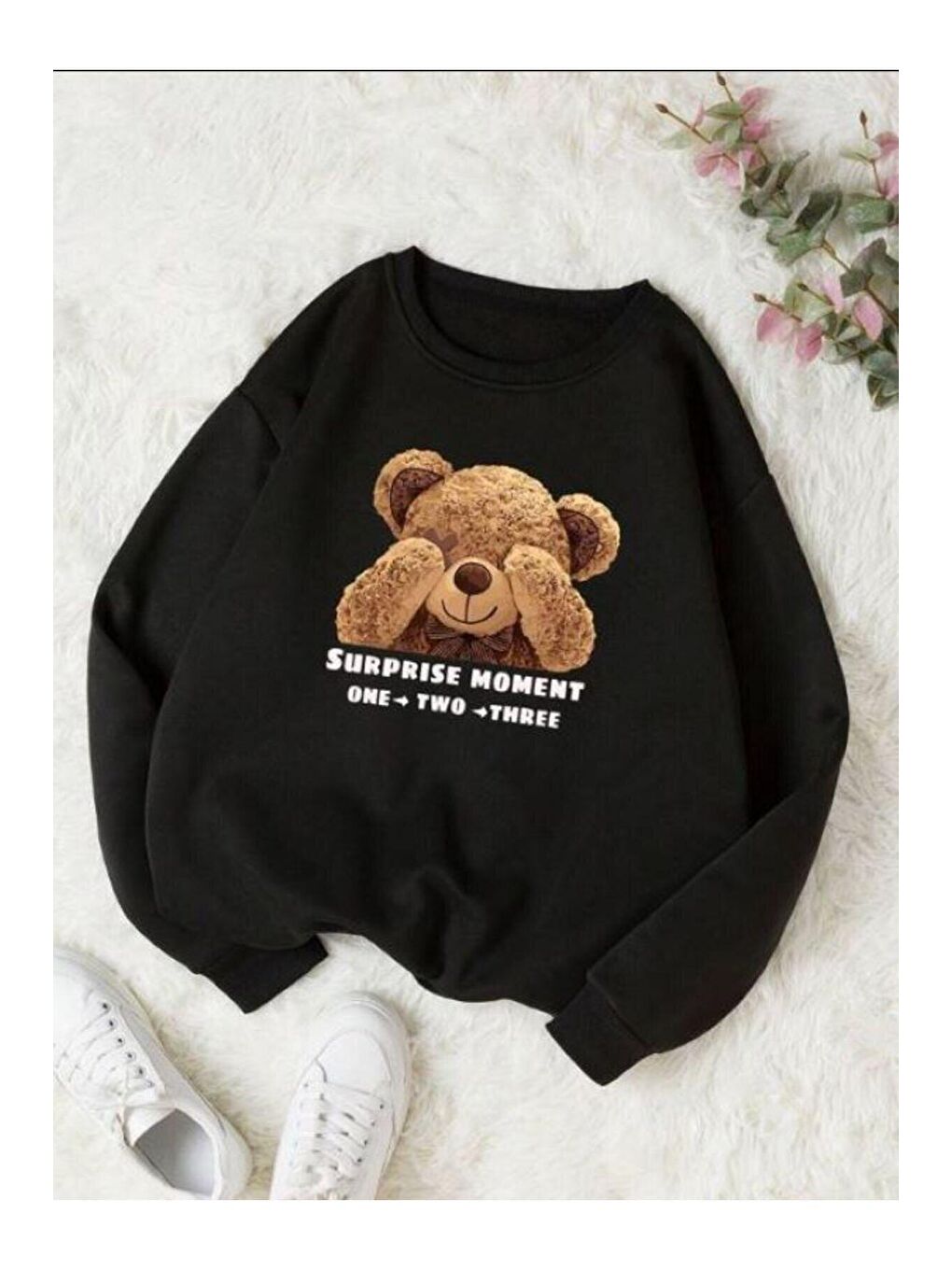 Siyah Kadın Utangaç Ayıcık Baskılı Bisiklet Yaka Sweatshirt