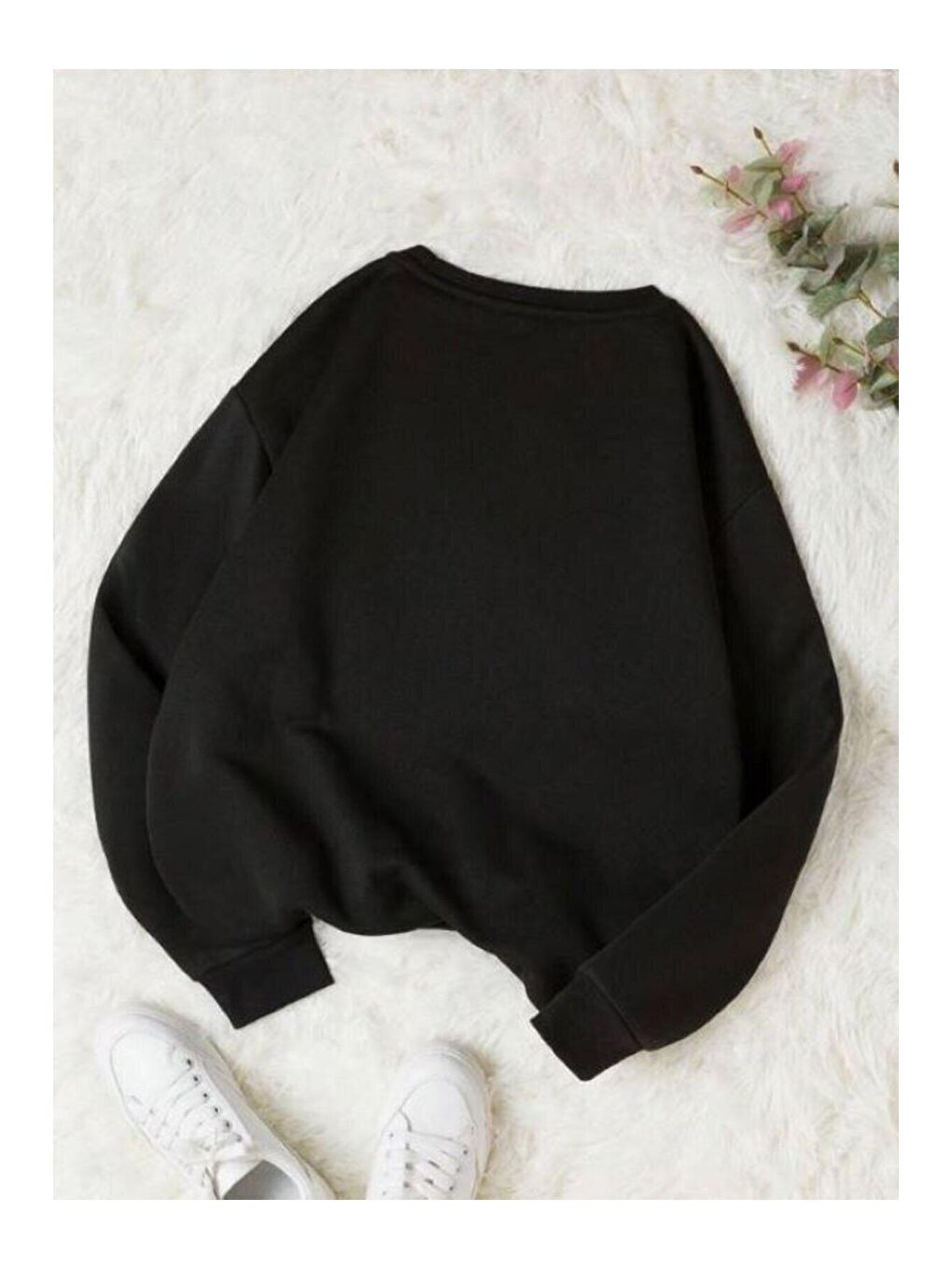 Siyah Kadın Utangaç Ayıcık Baskılı Bisiklet Yaka Sweatshirt-1