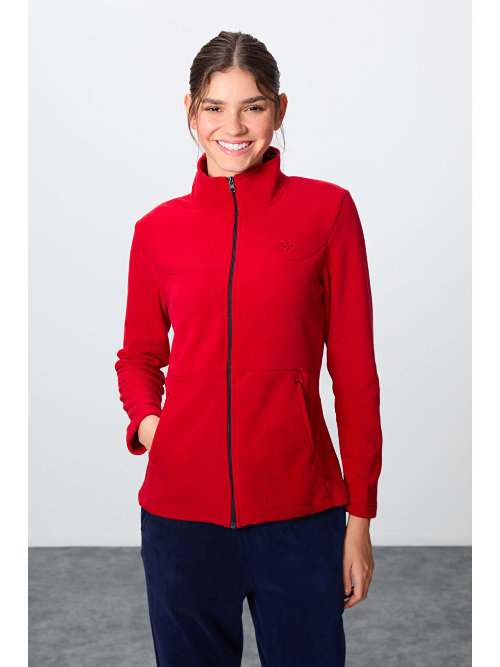 Kırmızı-Lacivert Kalın Yumuşak Dokulu Dik Yaka Oversize Nakışlı Polar Kadın Eşofman Takım -95339-2