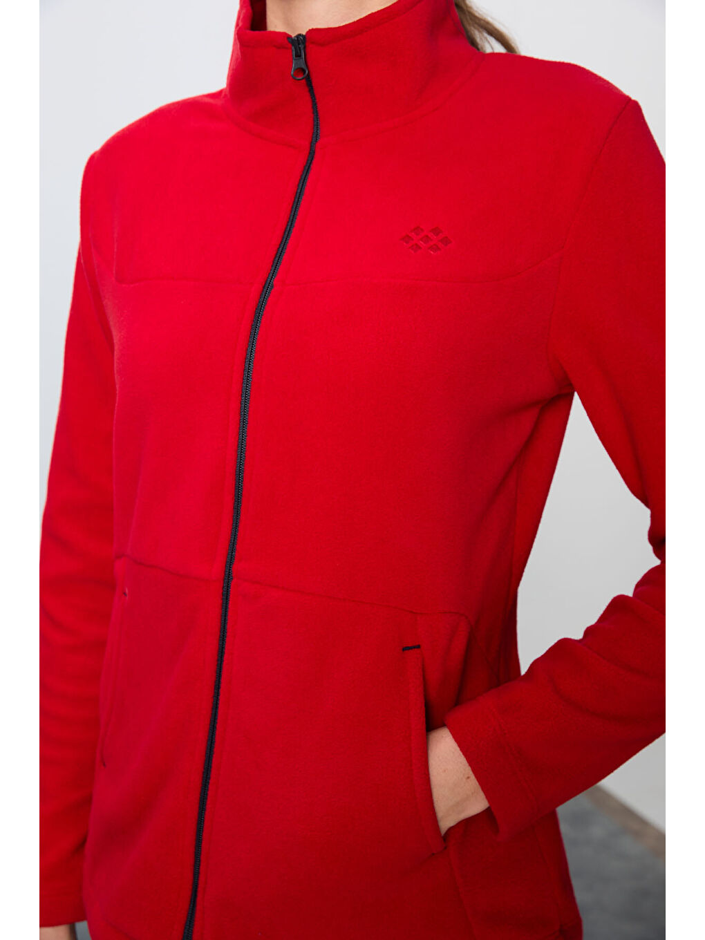 Kırmızı-Lacivert Kalın Yumuşak Dokulu Dik Yaka Oversize Nakışlı Polar Kadın Eşofman Takım -95339-4