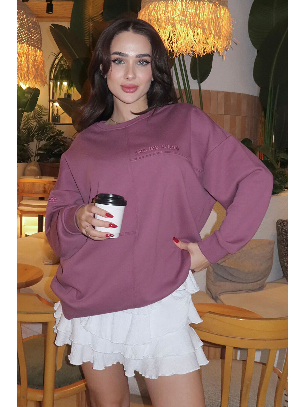 Kırmızı Soft Vişne Kompakt Pamuklu Kalın Pürüzsüz Dokulu O Yaka Oversize Fit Kadın Sweatshirt - 97288