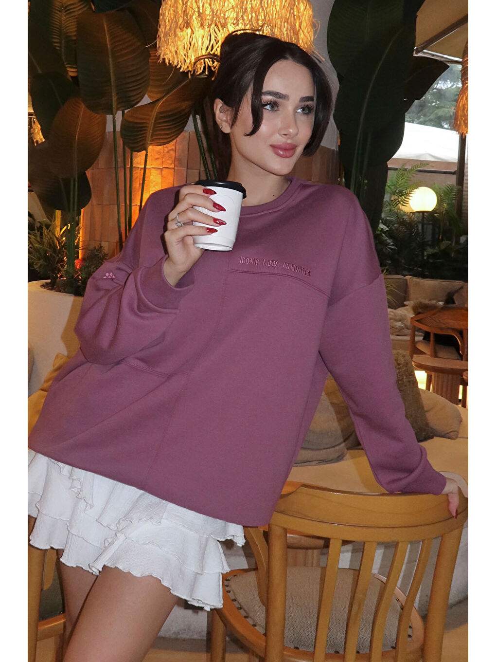 Kırmızı Soft Vişne Kompakt Pamuklu Kalın Pürüzsüz Dokulu O Yaka Oversize Fit Kadın Sweatshirt - 97288-2