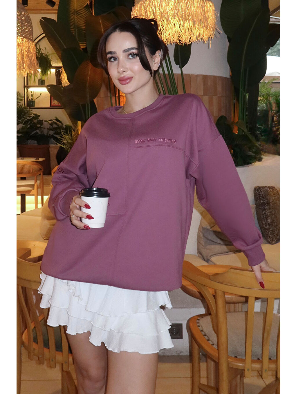 Kırmızı Soft Vişne Kompakt Pamuklu Kalın Pürüzsüz Dokulu O Yaka Oversize Fit Kadın Sweatshirt - 97288-4