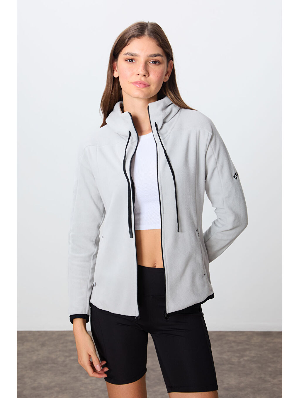 Bej Taş Kalın Yumuşak Dokulu Kapüşonlu Standart Fit Nakışlı Polar Kadın Sweatshirt  97287-1