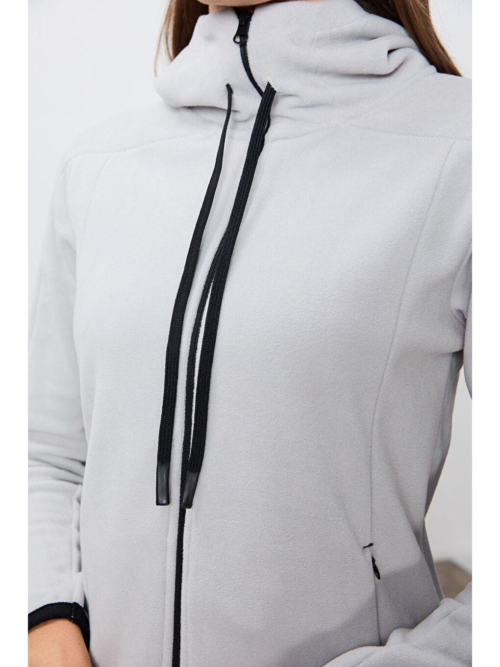 Bej Taş Kalın Yumuşak Dokulu Kapüşonlu Standart Fit Nakışlı Polar Kadın Sweatshirt  97287-2