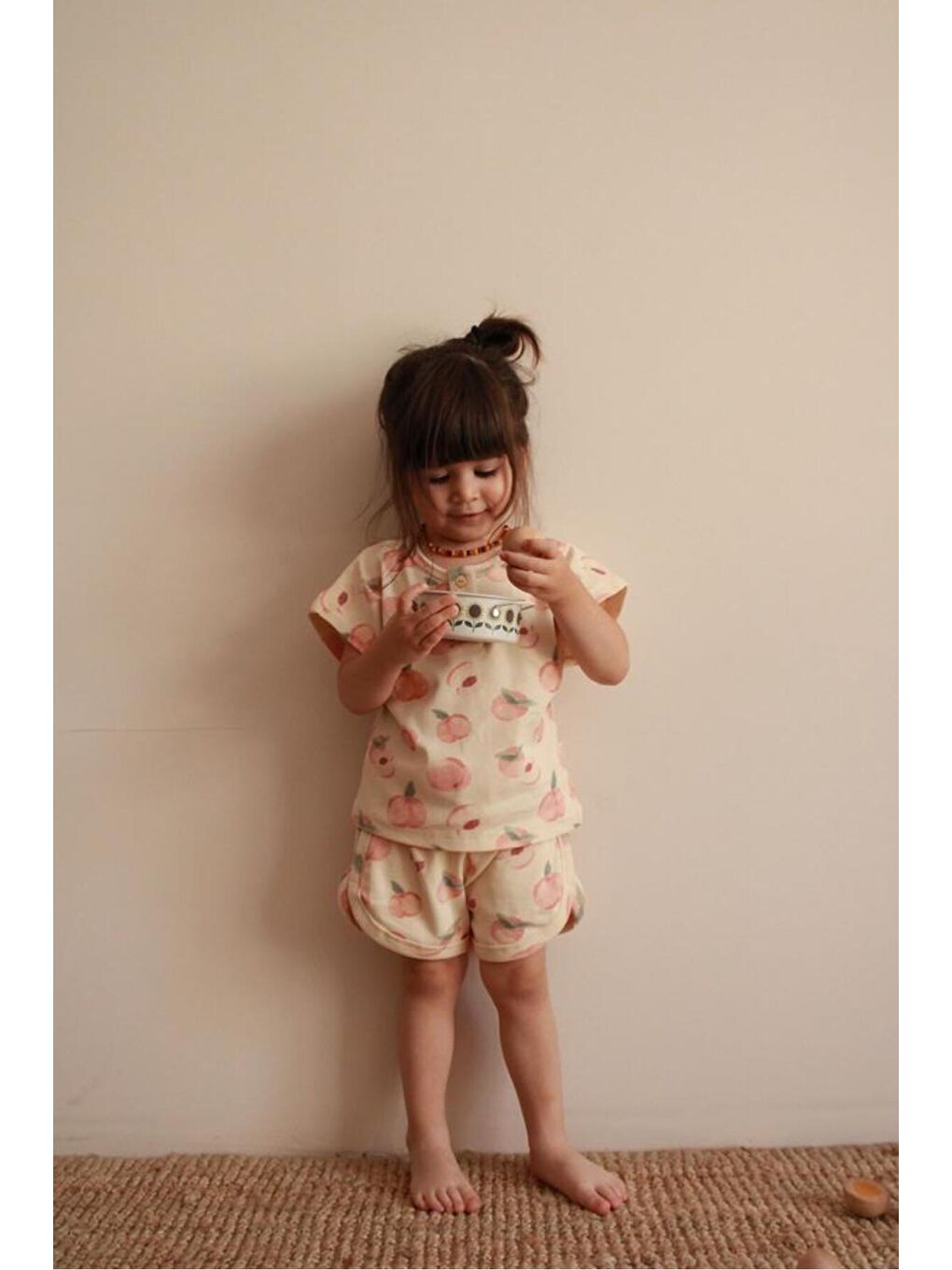 Ekru Şeftali Baskı Kaşkorse Alt Üst Takım-4