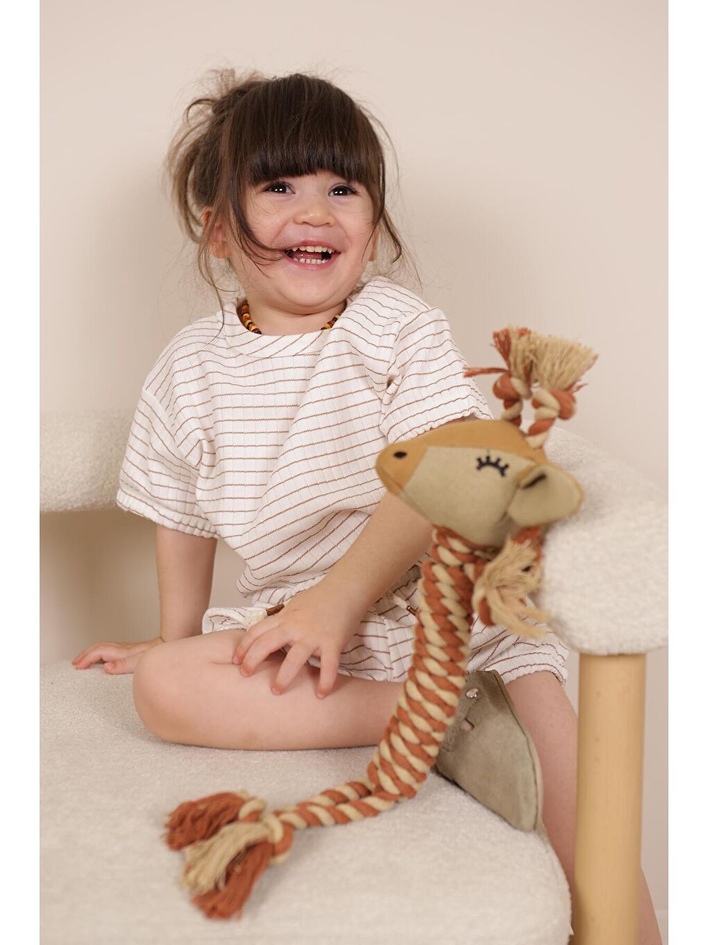 Ekru Kahverengi Çizgili Lastikli T shirt Şort Takım-2