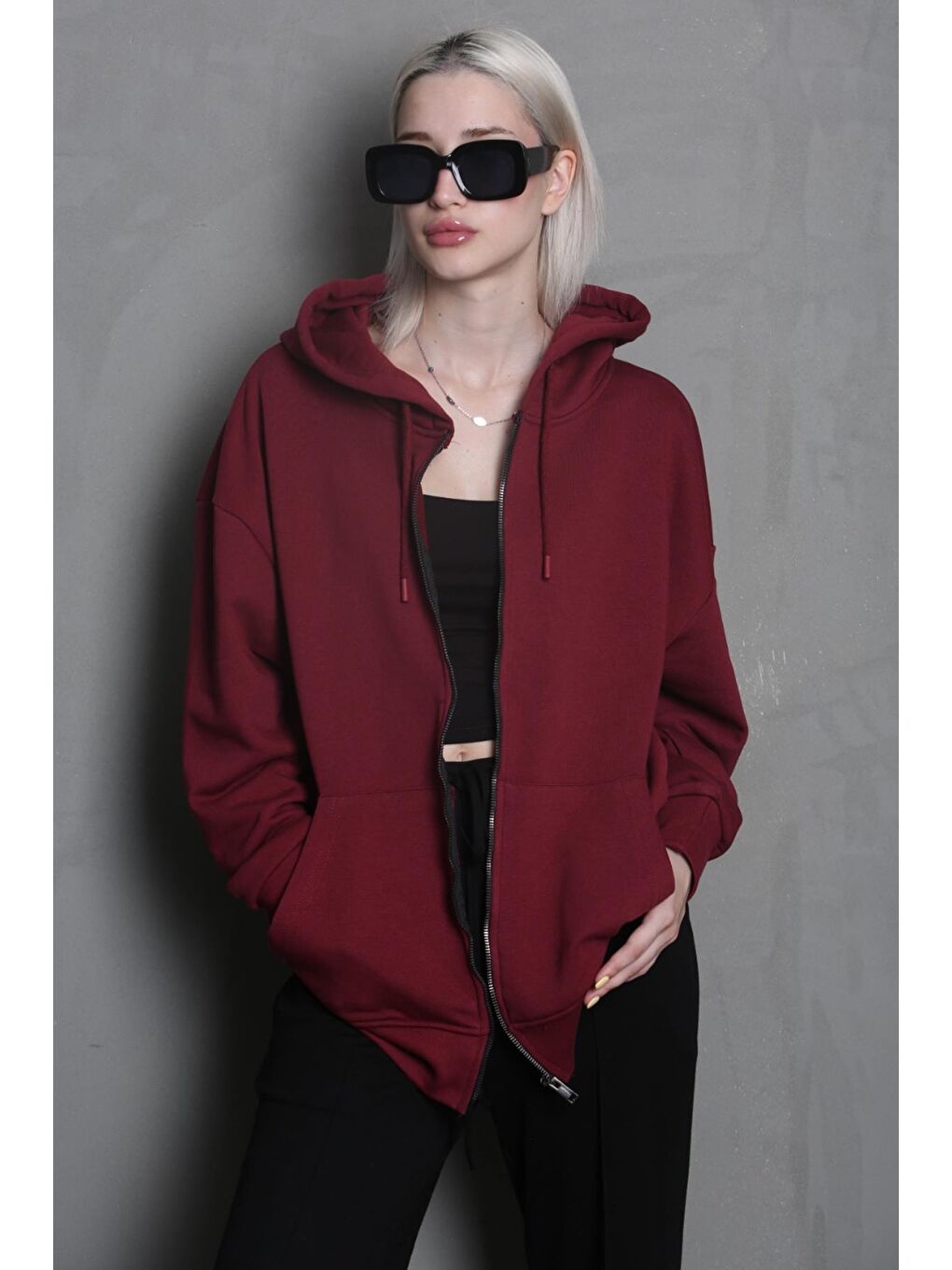 Madmext Bordo Kapüşonlu Basic Sweatshirt MG1900