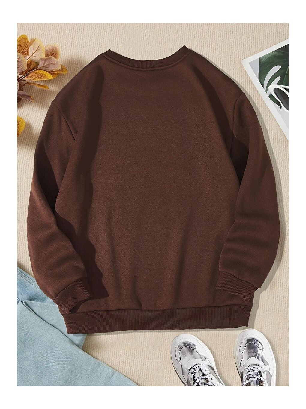 Kahverengi Kadın Oversize Brooklyn Citylights Baskılı Sweatshirt-1