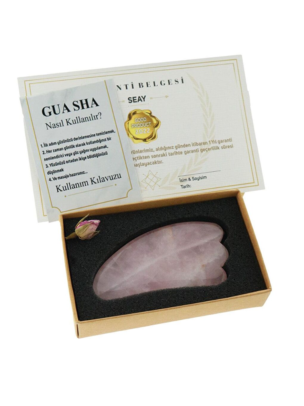 Pembe Kuvars Quartz Guasha Yüz Masaj Aleti Gençleştirici Premium Keseli