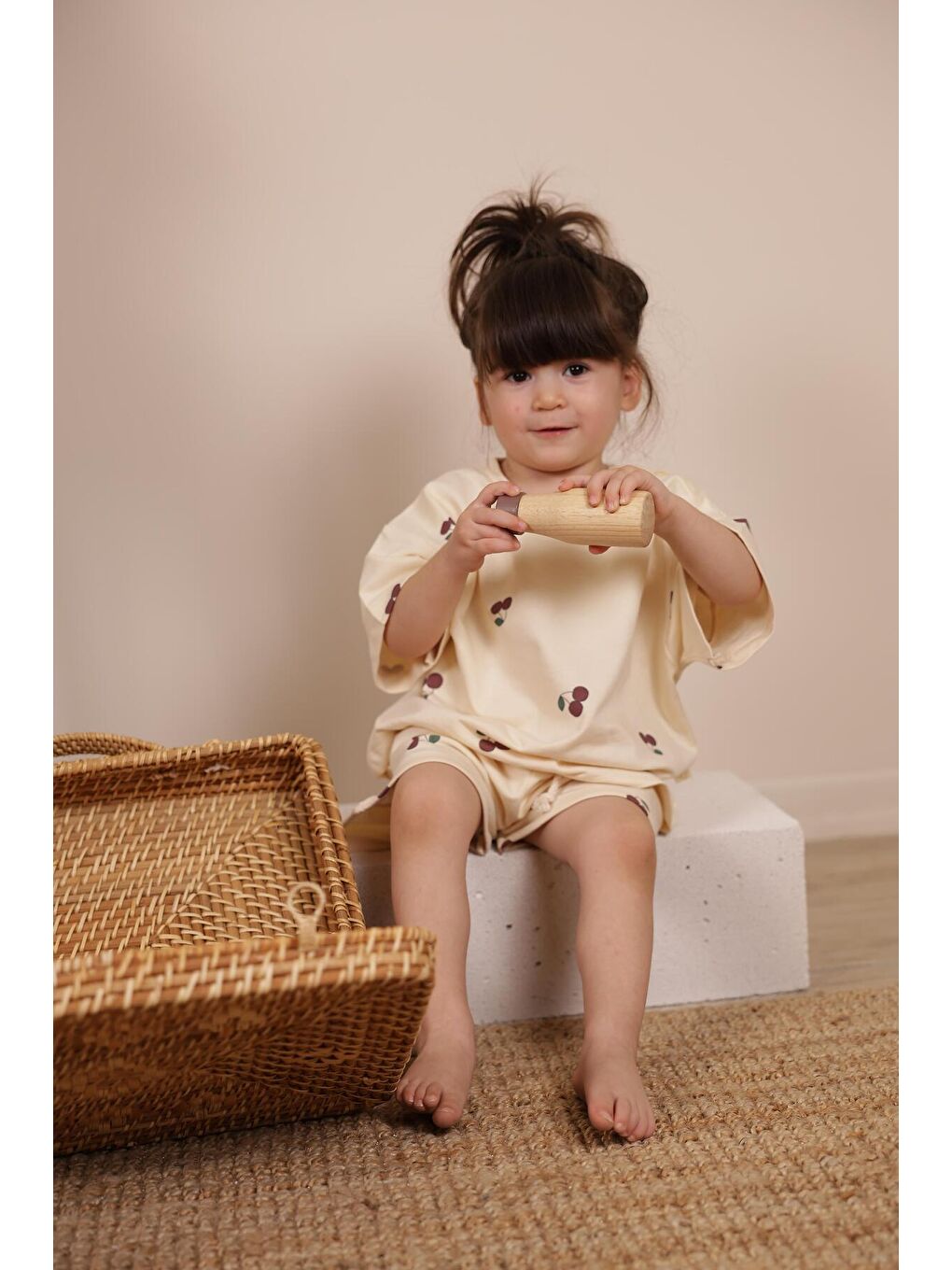 Bej Kiraz Baskılı Şortlu Takım-7