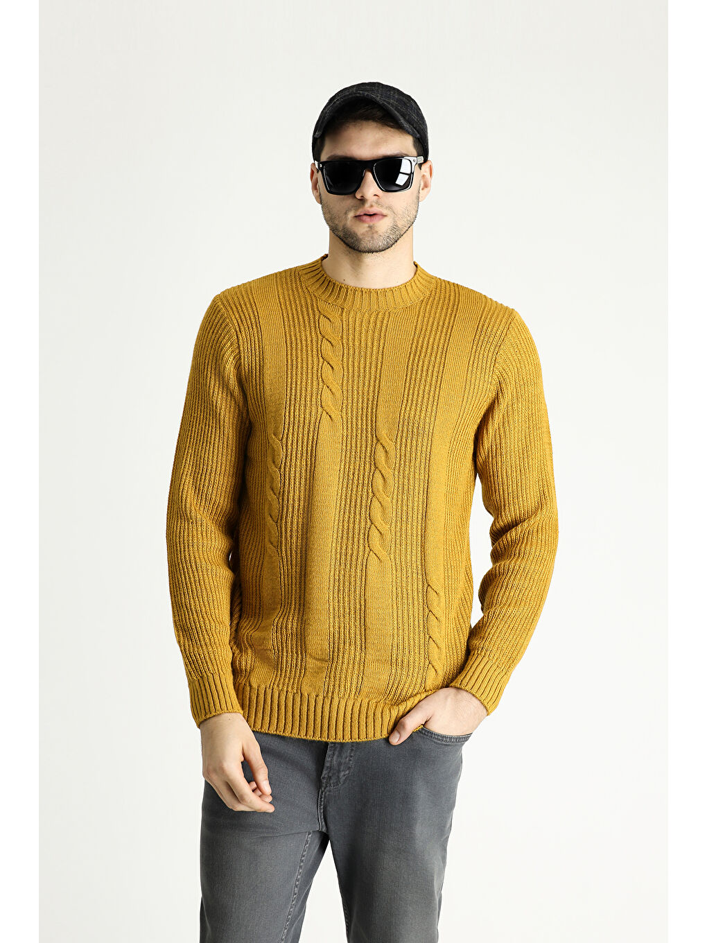 Sarı Bisiklet Yaka Slim Fit Dar Kesim Desenli Triko Büyük Beden Kazak-2