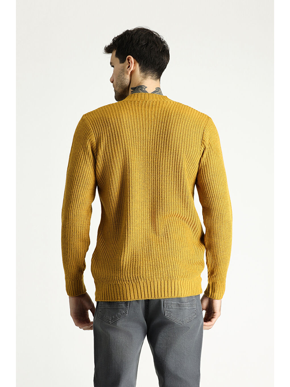 Sarı Bisiklet Yaka Slim Fit Dar Kesim Desenli Triko Büyük Beden Kazak-4