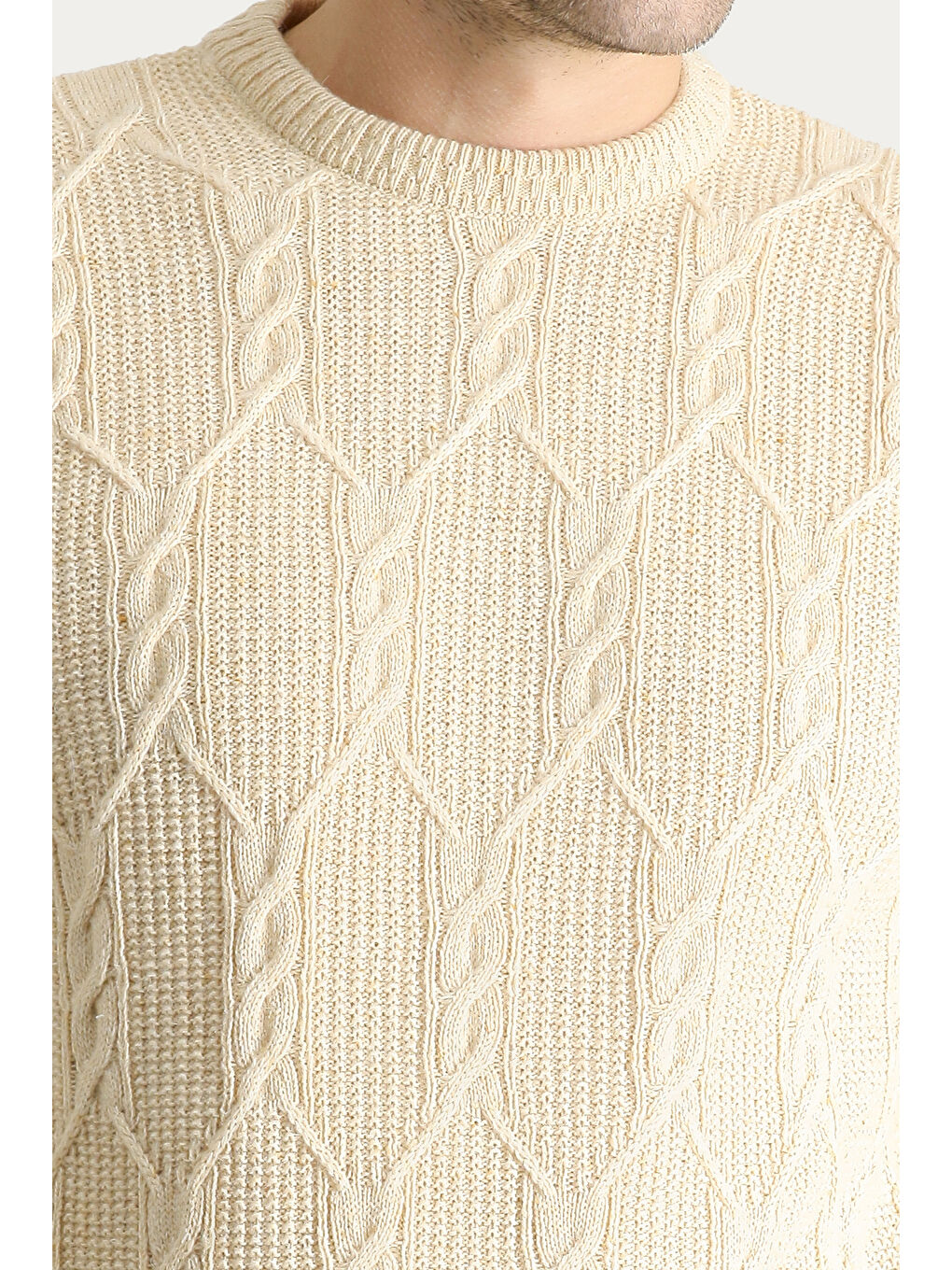 Bej Bisiklet Yaka Slim Fit Dar Kesim Yünlü Desenli Triko Kazak-3