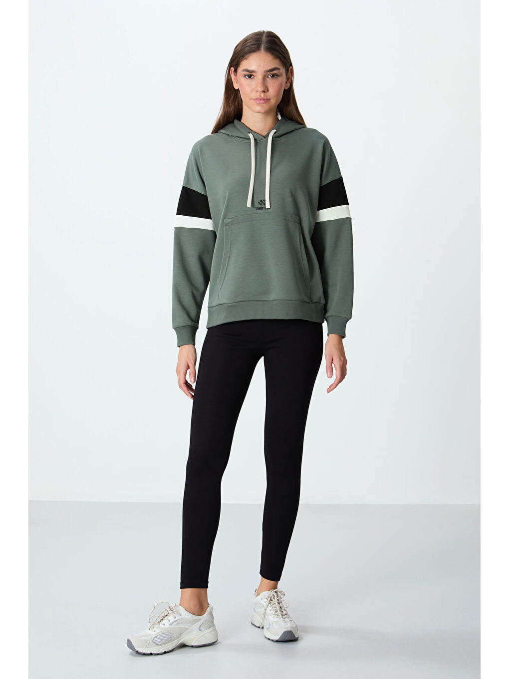 Haki Kompakt Pamuklu Kalın Pürüzsüz Dokulu Kapüşonlu Oversize Fit Kadın Sweatshirt   97290-2