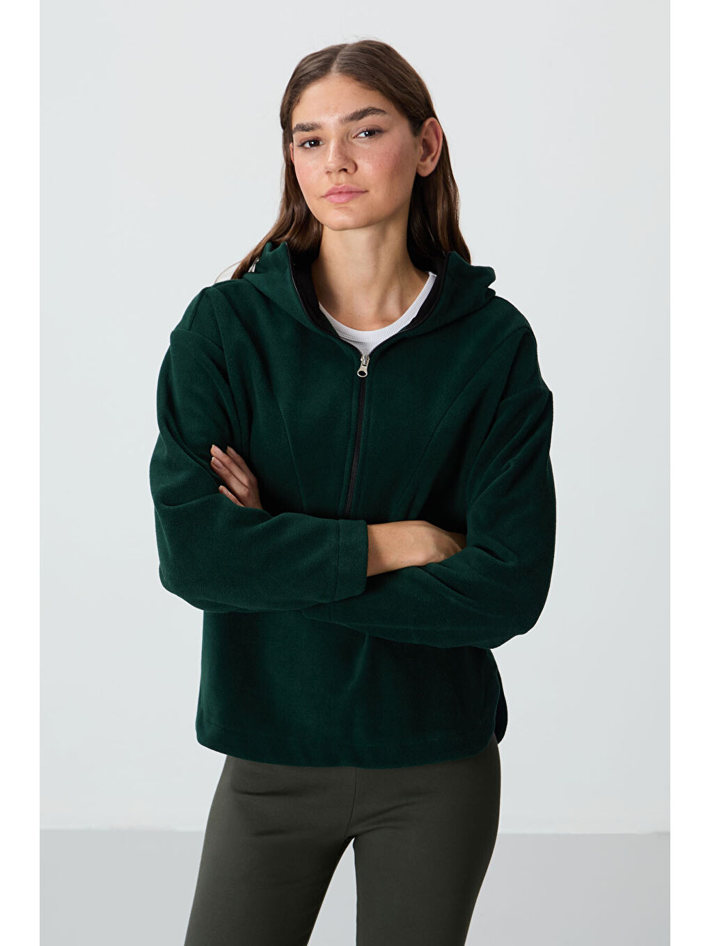 Çam Yeşili Kalın Yumuşak Dokulu Kapüşonlu Oversize Nakışlı Polar Kadın Sweatshirt  97286-1