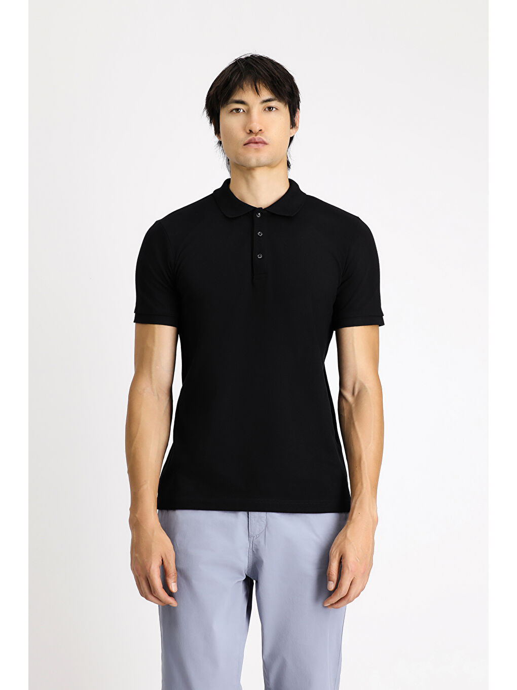 Siyah Slim Fit Dar Kesim Pamuk Polo Yaka Tişört-2