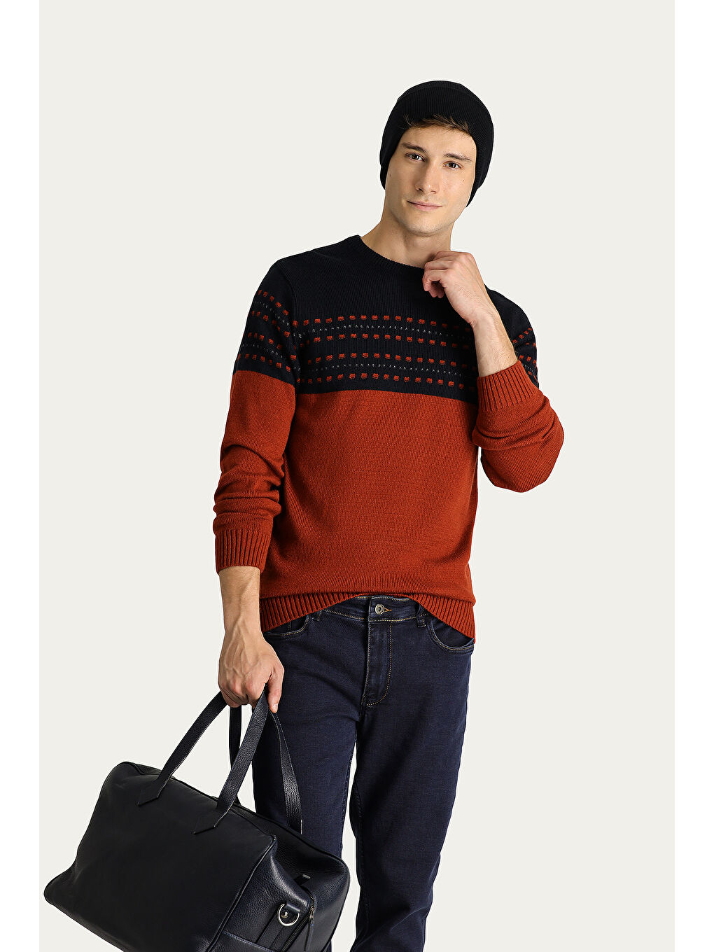 Kahverengi Bisiklet Yaka Slim Fit Dar Kesim Desenli Triko Kazak-2