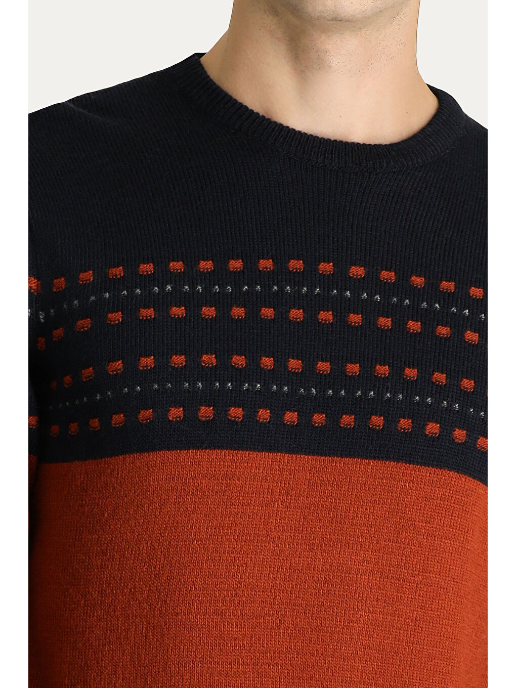 Kahverengi Bisiklet Yaka Slim Fit Dar Kesim Desenli Triko Kazak-5