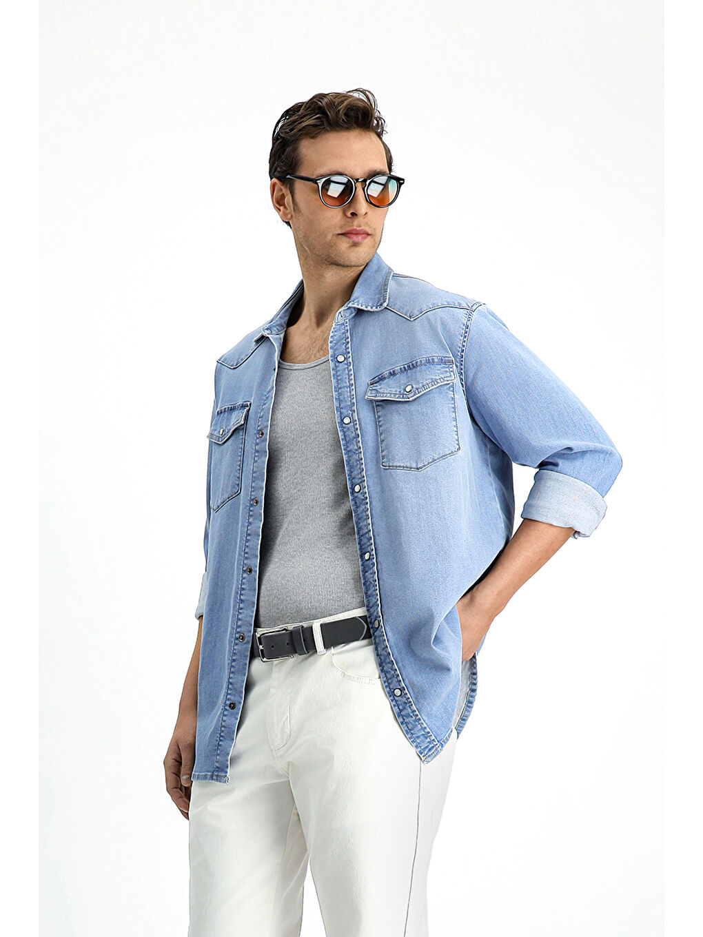 İndigo Uzun Kol Regular Fit Denim Pamuk Gömlek-2