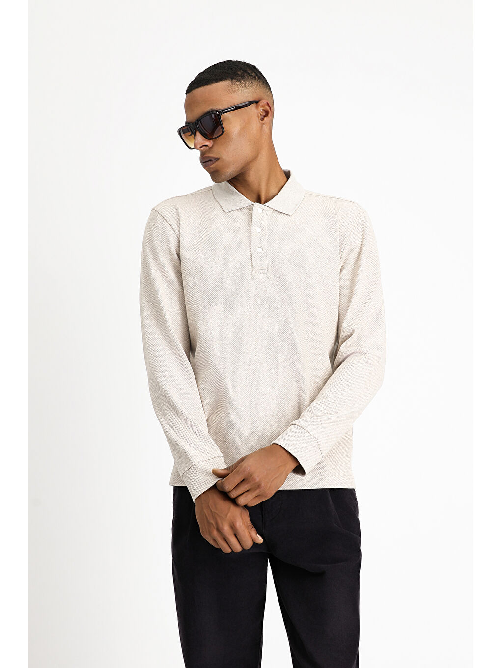 Bej Polo Yaka Regular Fit Desenli Sweatshirt-2