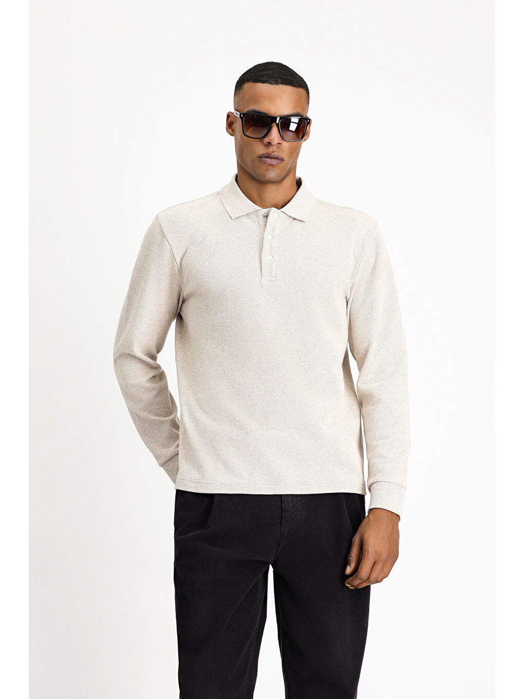 Bej Polo Yaka Regular Fit Desenli Sweatshirt-3