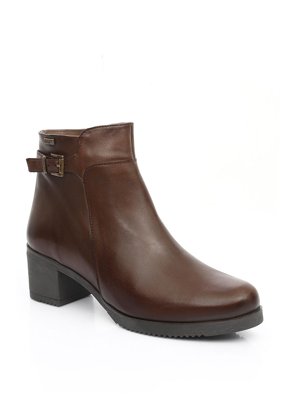 Kahverengi Hakiki Deri Yuvarlak Burun Topuklu Fermuarlı Tokalı Kadın Günlük Bot 47453-4